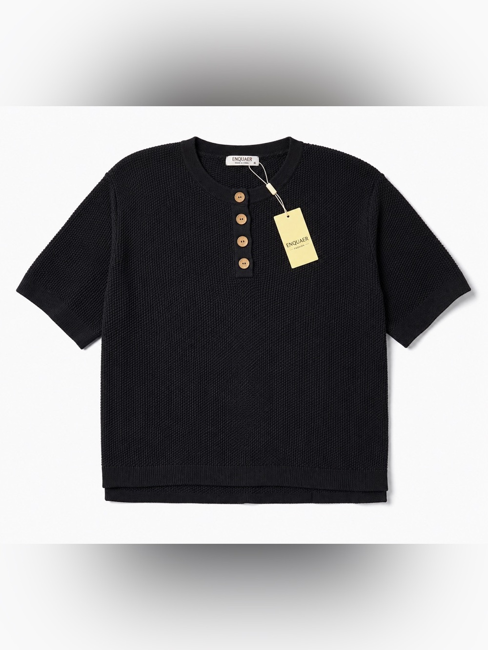 Set Black Textured Knit Top with Wooden Buttons